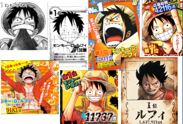 Side by side comparison of Nami and Luffy from the colors spreads from  Chapter 100 (1999) and Chapter 1000 (2021), showing decidedly different  proportions in character design, particularly with the foreheads, hands